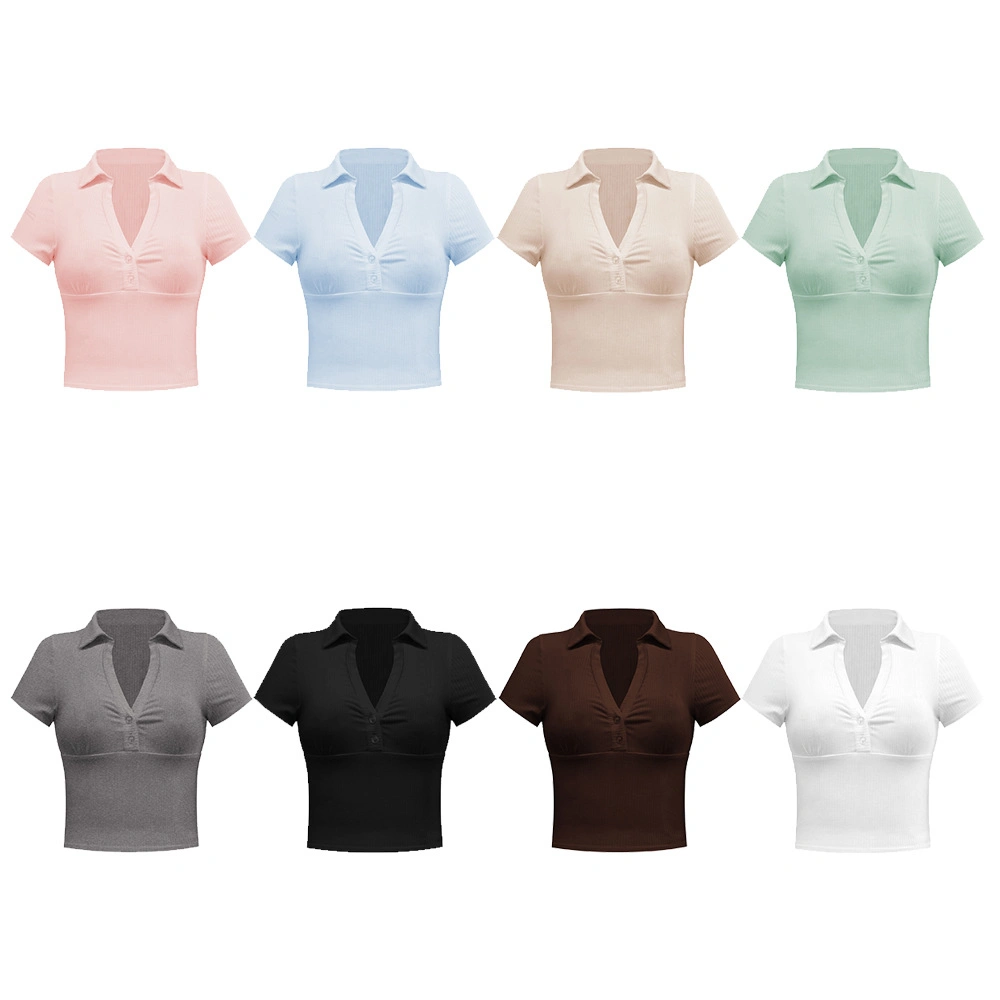 Women′ S Waist Tight Short-Sleeved T-Shirt Tops Vintage Casual Short Polo Shirt