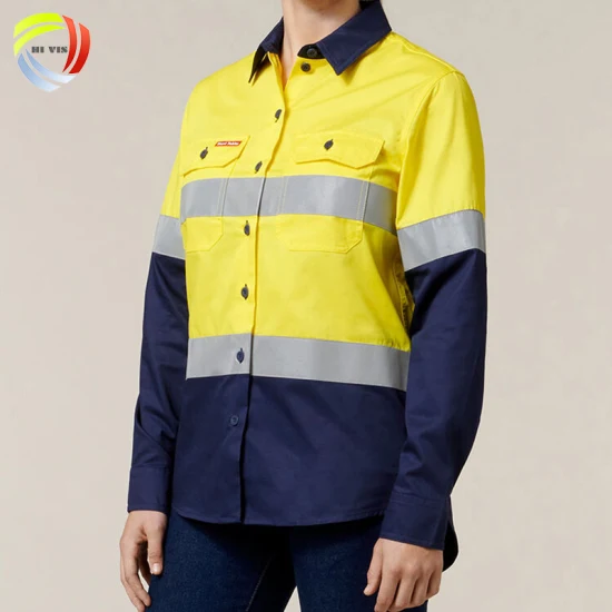 Vêtements de sécurité réfléchissants bicolores pour femmes, chemises de travail à manches longues, en coton avec bande haute visibilité, réflecteur de Construction